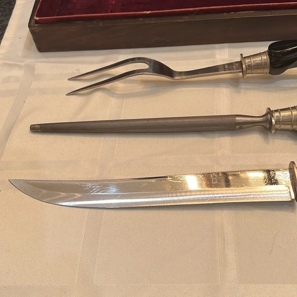 Vintage Flint Bakelite 3 Piece Carving Set in Original Wood Box
